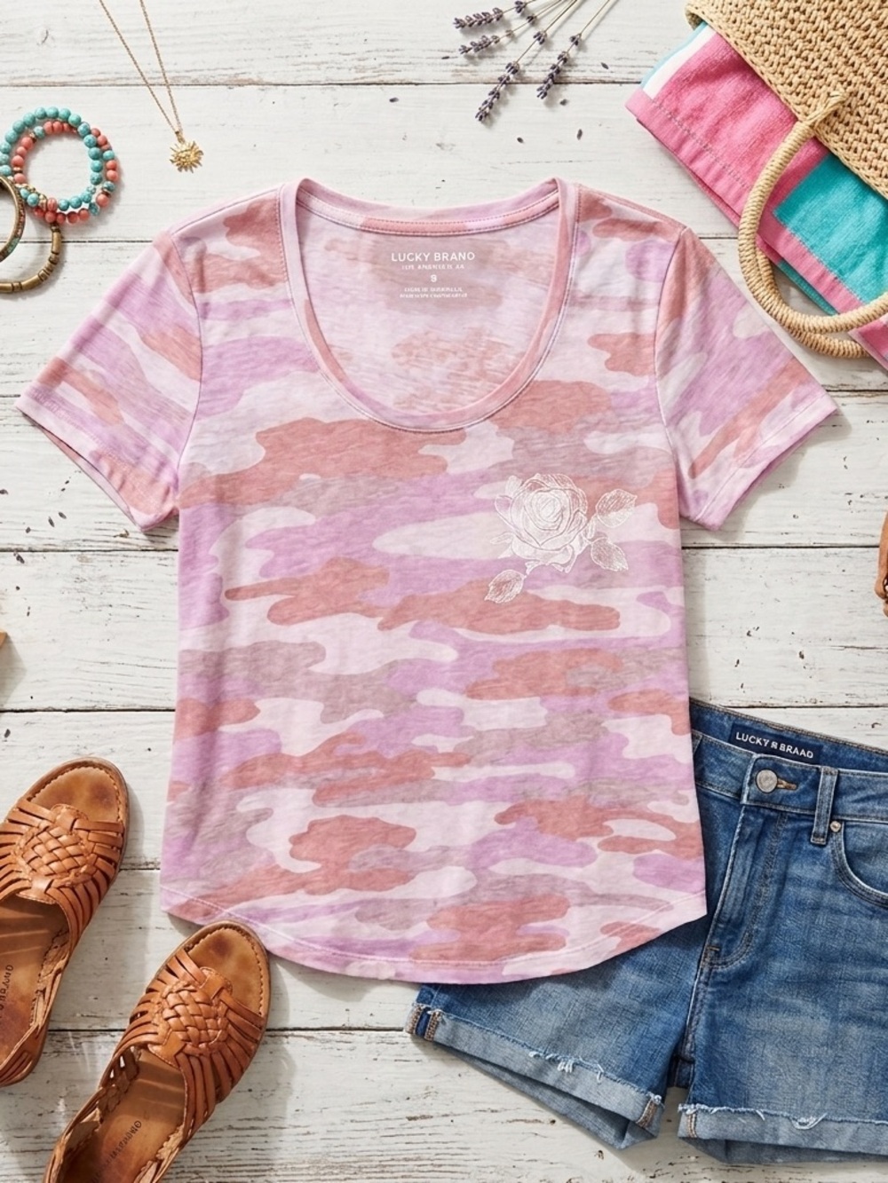 Lucky Brand • Pink Camo Rose Tee • Woman’s Small • Short Sleeve